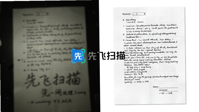 分屏对比图,左侧为昏暗环境下拍摄的模糊手写笔记,右侧为先飞扫描处理后的清晰黑白文档,中间有“先飞扫描”Logo水印,布局左右对称,风格写实,细节展现纸张纹理与墨迹,高清画质,干净背景