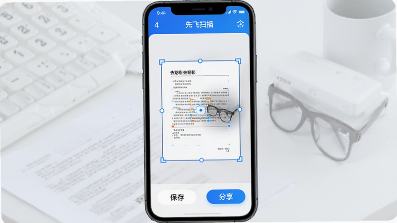 主体为手机屏幕界面,展示先飞扫描App正在处理一张A4纸文档,界面顶部有“先飞扫描”字样,中间显示文档边缘检测框与去阴影效果对比,底部有保存与分享按钮,布局清晰,风格现代简约,蓝色科技色调,细节丰富,高清画质,干净无多余元素,文字清晰可读