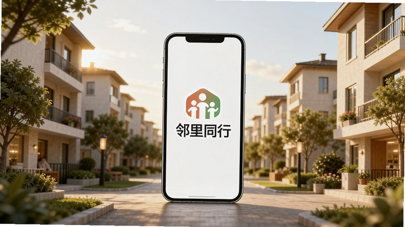 一张现代简约风格的社区全景图,画面中心是一个发光的手机屏幕,屏幕上显示着“邻里同行”的Logo,背景是温馨的住宅楼群和绿树,阳光洒在建筑上,色调温暖明亮,高清写实风格,细节丰富,无多余文字干扰