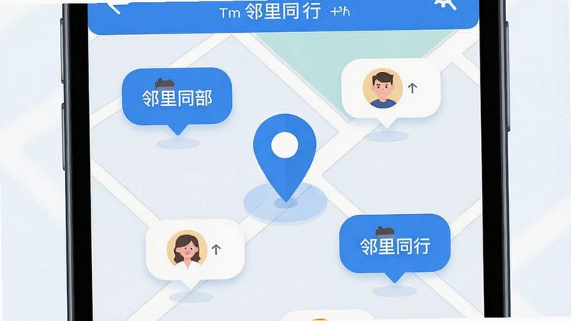 手机界面展示地图定位模式,地图上有一个清晰的定位图标,周围环绕着几个表示邻居用户的头像气泡,界面简洁干净,蓝白色调,扁平化设计,突出“邻里同行”字样,高清UI设计图