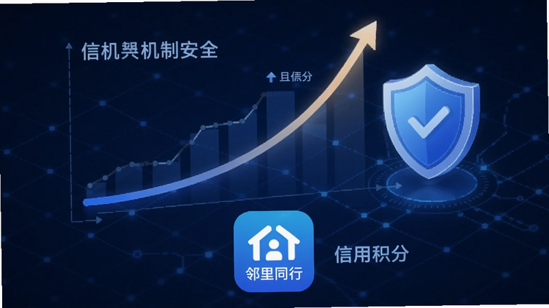 抽象的数据可视化图表,展示一个上升的信用积分曲线,旁边有一个盾牌图标代表安全,下方有“邻里同行”的App图标,背景为深蓝色科技感网格,光线柔和,专业商务风格,清晰展示信用机制概念