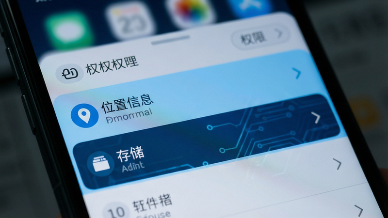 手机系统设置界面截图,显示权限管理列表,其中“位置信息”和“存储”被高亮选中,背景模糊,突出设置选项,清晰易读,科技感蓝色主题,高清UI细节