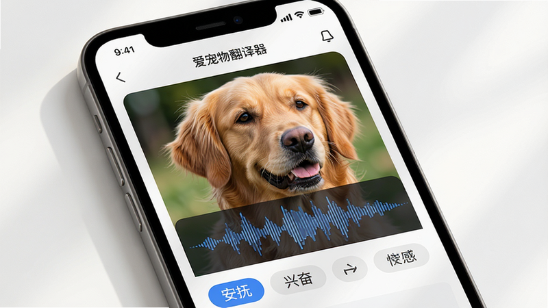 主体为手机屏幕显示“爱宠物翻译器”APP界面,布局清晰,顶部状态栏,中间展示一只金毛犬的特写与声波分析图,底部有“安抚”“兴奋”等情感标签,排版整洁,风格简约现代,细节处有柔和光影,画质高清,干净无多余元素