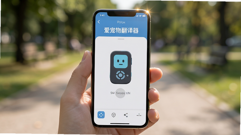 主体为“爱宠物翻译器”APP在户外场景的使用示意图,背景模糊处理突出手机屏幕,布局居中,风格写实摄影风,细节处有自然光照射在手机边缘,画质真实,干净