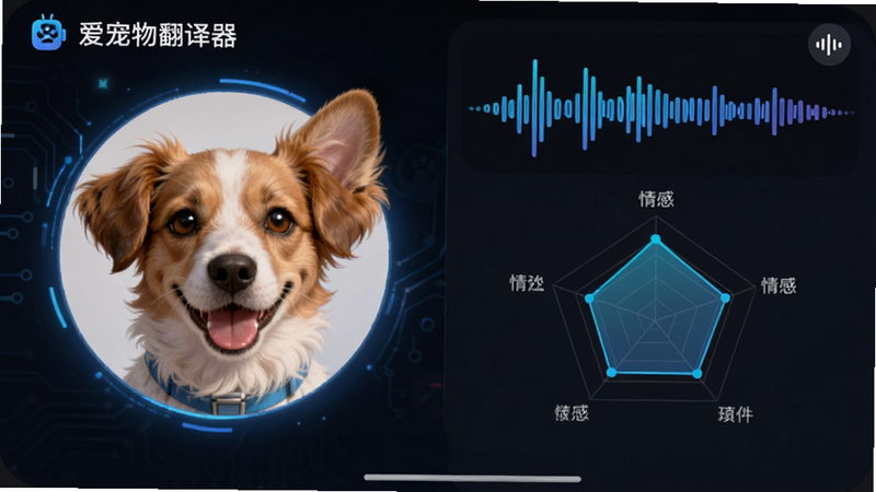 主体为“爱宠物翻译器”APP的语音分析界面,布局采用左右分栏,左侧为宠物头像,右侧为动态声波图谱与情感雷达图,排版紧凑,风格科技感与温馨感结合,细节处有蓝色光效点缀,画质清晰,干净