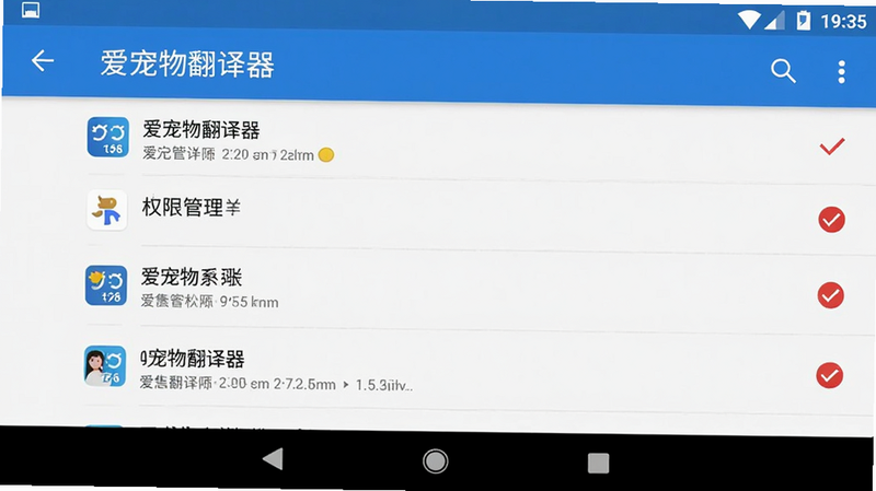 主体为安卓手机设置界面截图,显示“爱宠物翻译器”的权限管理页面,布局为标准系统设置风格,排版列表式,风格简洁,细节处有红色勾选标记,画质清晰,干净无广告