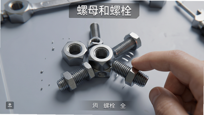 游戏主界面全景,高清3D渲染风格,画面中央展示一组精密的金属螺母和螺栓正在被手指旋转解开,背景为柔和的浅灰色工作台,光影效果真实,金属质感强烈,文字标签“螺母和螺栓”清晰可见,干净无杂物,高质量游戏宣传图