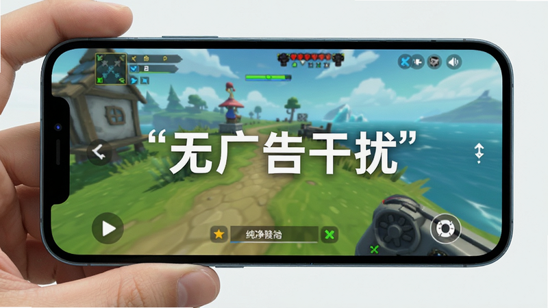 手机屏幕展示游戏运行画面,界面简洁,无多余按钮,背景干净,突出“无广告干扰”的纯净体验,风格清新,高画质
