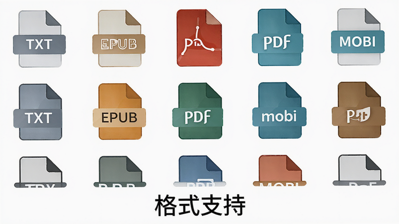 多种文件图标集合图,包括TXT、EPUB、PDF、MOBI图标,整齐排列在白色背景上,图标设计简洁现代,风格统一,细节清晰,画质高,无多余装饰,文字“格式支持”位于底部居中