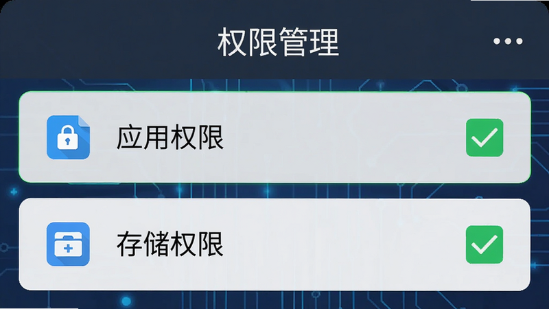 安卓手机设置界面的示意图,重点突出“应用权限”和“存储权限”选项被勾选的状态,界面风格扁平化,图标清晰,布局规整,风格科技感强,细节处显示权限开启的绿色对勾,画质清晰,干净无其他干扰元素,文字“权限管理”居中显示