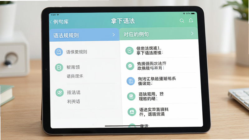 主体为平板设备,屏幕展示“拿下语法”应用的例句库界面,左右分栏布局,左侧为语法规则,右侧为对应例句,排版清晰,字体舒适,风格清新,细节处有图标点缀,画质细腻,干净,文字“拿下语法”与例句清晰