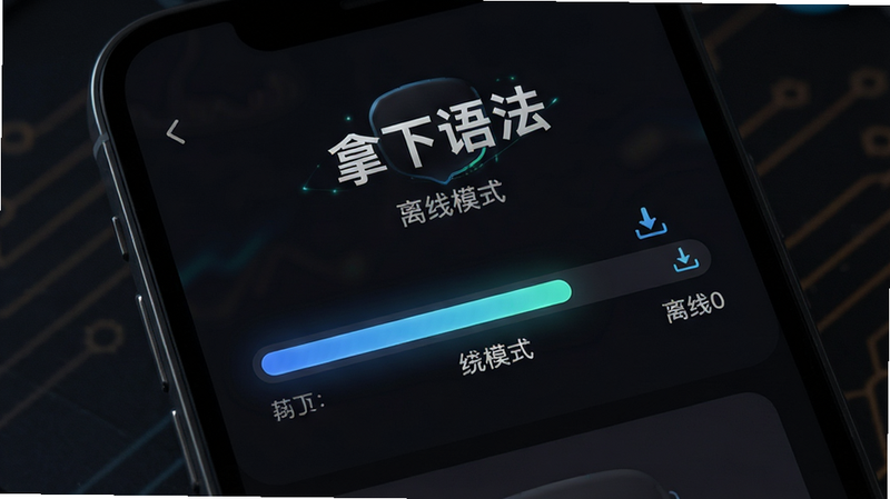 主体为手机屏幕,显示“拿下语法”应用的离线下载进度条,背景为深色模式,布局简洁,进度条清晰可见,风格科技感,细节处有下载图标,画质高清,干净,文字“拿下语法”与“离线模式”清晰