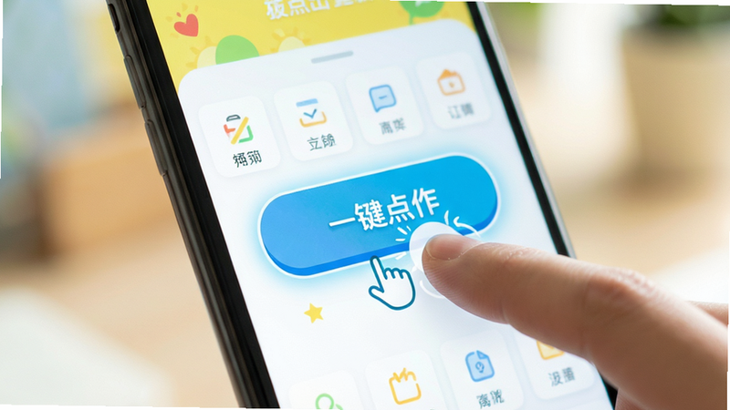 主体为手机操作界面,布局展示一键点击按钮的高亮状态,排版聚焦于核心操作区,风格明亮活泼,细节显示手指点击动作的示意,画质清晰,背景虚化,无干扰元素