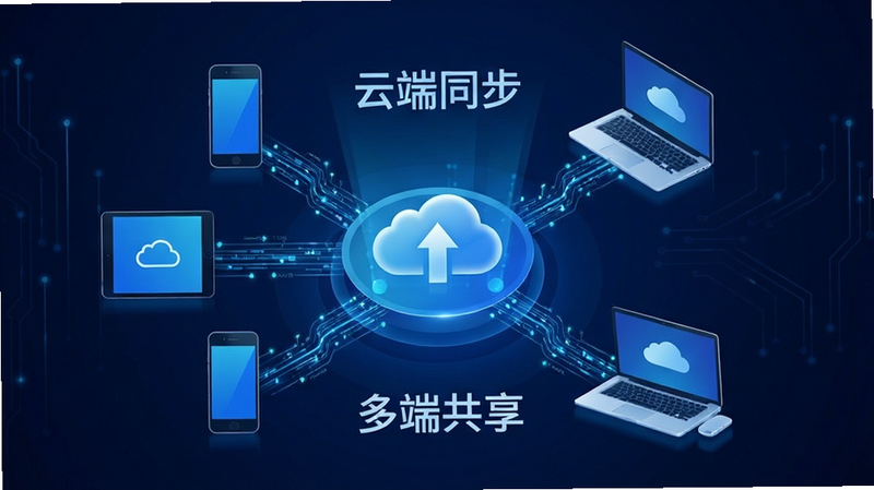 主体为多设备连接示意图,布局呈环形分布,中心为云端图标,周围环绕手机、平板、笔记本电脑,排版对称,风格科技感蓝色调,细节展示数据流动线条,画质清晰,干净无多余元素,文字内容包含“云端同步”和“多端共享”