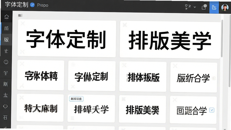 主体为排版设置界面模拟图,布局为网格状展示不同字体和间距选项,排版整齐,风格专业设计感,细节展示字体样张对比,画质高清,干净无多余元素,文字内容包含“字体定制”和“排版美学”