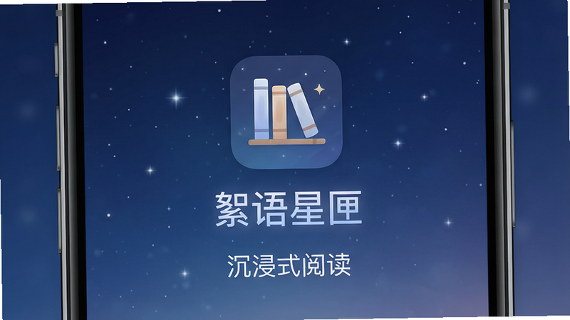 主体为手机屏幕特写,显示“絮语星匣”应用界面,背景为柔和的深蓝色星空渐变,布局居中,排版整洁有序,风格极简现代,细节呈现清晰的文字排版与书架图标,画质高清8k,干净无多余元素,文字内容包含“絮语星匣”和“沉浸式阅读”