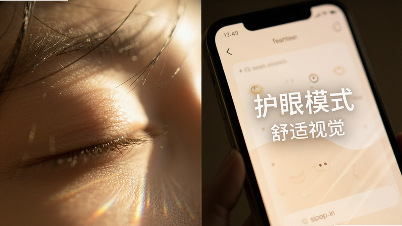 主体为眼部特写与手机屏幕光影互动,布局左右分割,左侧为闭眼休息的眼部特写,右侧为柔和发光的手机屏幕,排版平衡,风格温馨治愈,细节展示光线散射效果,画质细腻,干净无多余元素,文字内容包含“护眼模式”和“舒适视觉”