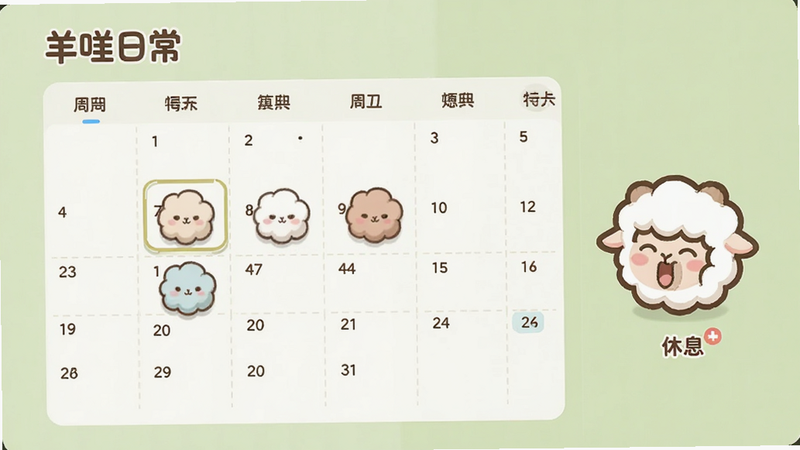 �������ճ����Ĵ򿨽��棬��ʾһ�ܵ�������ͼ���������챻�ɰ�����ë����Ϊ����ɣ��Ա���һ�����ڴ��Ƿ��С��ͼ�꣬��ʾ��Ϣ�����������ˣ����廭�ʣ�������Ԫ��
