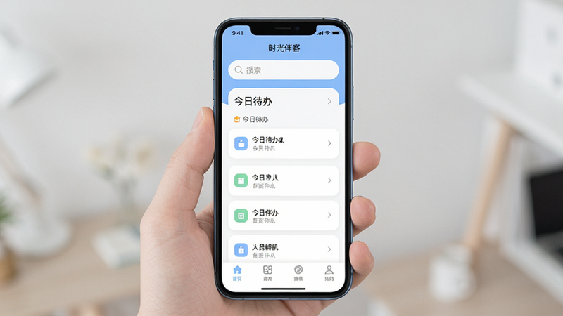 主体为手机屏幕展示“时光伴客”APP首页界面,布局采用卡片式排列,顶部为搜索栏,中部显示待办事项列表,底部为导航菜单,风格为扁平化极简设计,细节包括柔和的圆角卡片和清晰图标,画质高清,干净无多余元素,文字标签如“今日待办”清晰可见