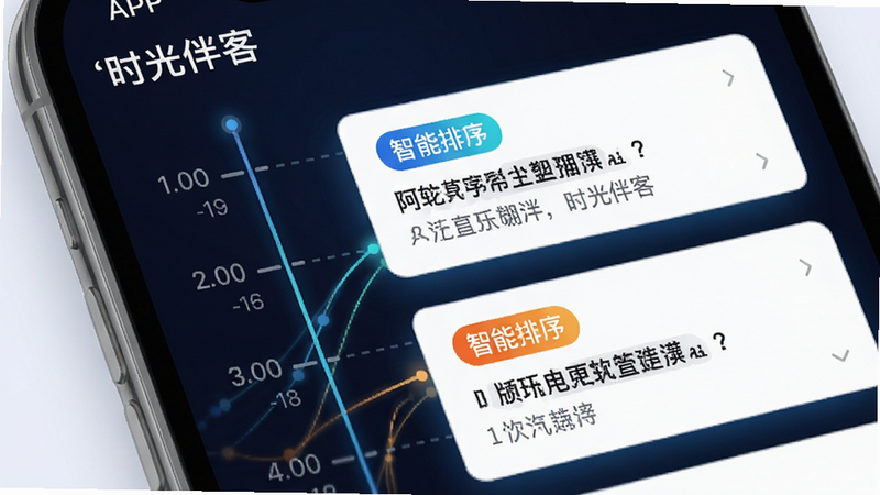 主体为“时光伴客”APP的日程规划界面特写,布局呈现时间轴形式,左侧为时间刻度,右侧为具体事件卡片,风格现代科技感,细节展示事件卡片带有颜色分类标签,画质清晰,干净背景,文字“智能排序”醒目显示