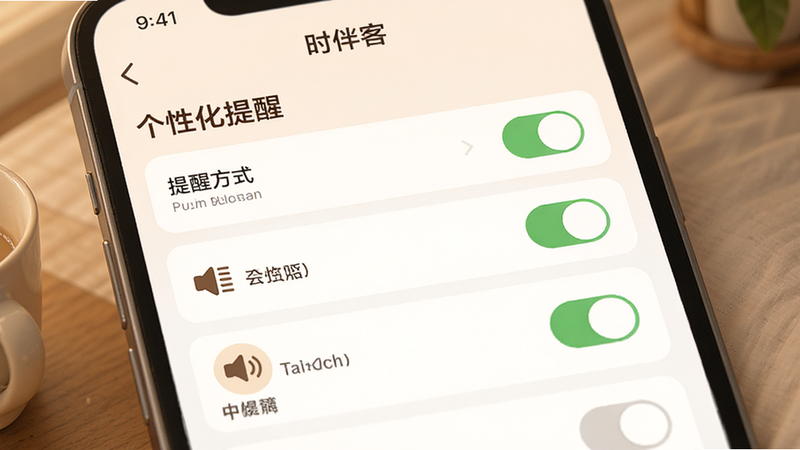 主体为“时光伴客”APP的设置界面,布局为垂直列表结构,显示提醒方式选项,风格温馨舒适,细节包括开关控件和预设声音图标,画质细腻,干净界面,文字“个性化提醒”作为标题显示