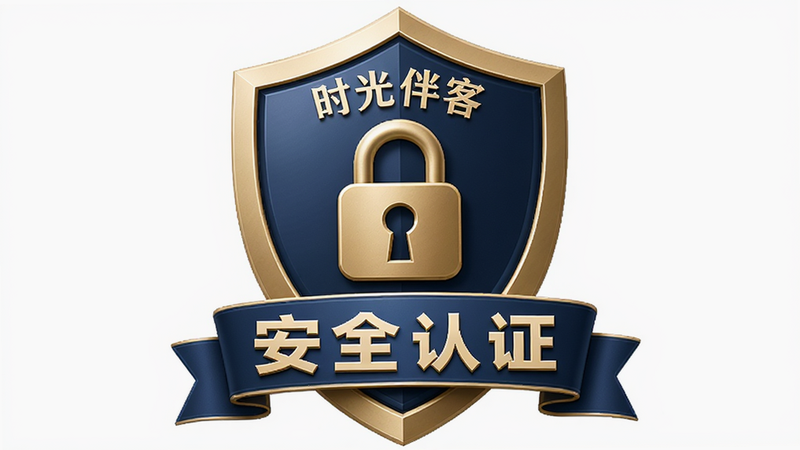 主体为“时光伴客”APP的安全认证徽章,布局居中显示,风格专业严谨,细节包括锁形图标和盾牌元素,画质清晰,干净背景,文字“安全认证”醒目显示