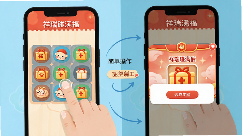 主体为《祥瑞碰满福》操作演示图,布局为分步骤图解,左侧展示手指滑动消除图标,右侧展示合成成功后的奖励弹窗,风格为扁平化UI设计,线条简洁流畅,色彩明亮,细节清晰,画质高清,干净背景,文字'简单操作'标注在箭头旁