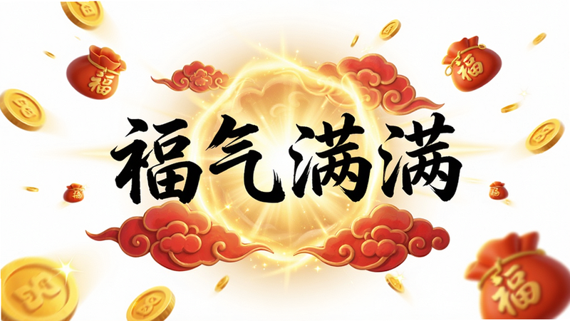 主体为《祥瑞碰满福》游戏内的特效展示,布局为全屏动态效果,中心绽放出金色光晕与红色祥云,周围漂浮着闪烁的金币与福袋,风格为3D渲染,细节精致,光影效果逼真,画质超清,干净背景,文字'福气满满'以书法字体呈现