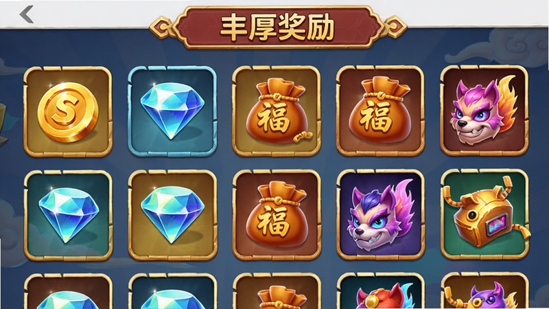 主体为《祥瑞碰满福》奖励背包界面,布局为网格状排列,展示金币、钻石、福袋、皮肤图标等奖励,风格为游戏UI设计,图标立体感强,细节丰富,画质高清,干净背景,文字'丰厚奖励'位于顶部标题栏