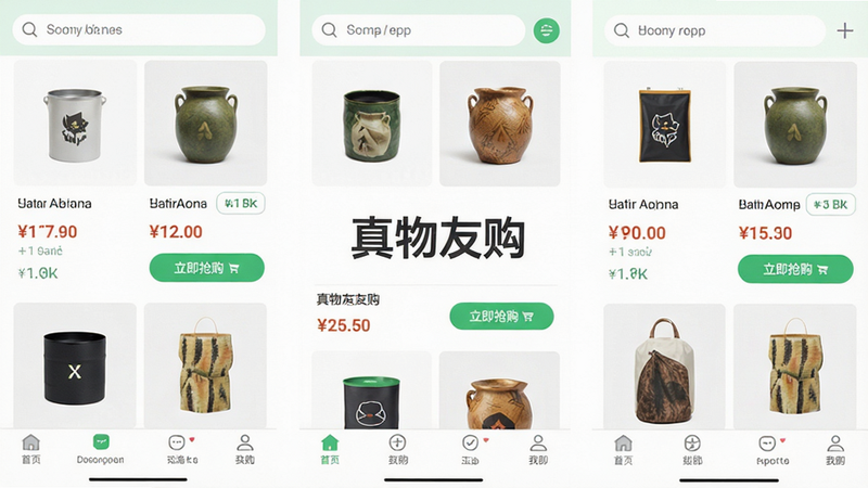 主体为真物友购安卓APP主界面截图,布局采用顶部搜索栏+中部商品瀑布流+底部导航栏结构,排版整洁有序,风格为现代扁平化UI设计,细节展示清晰的商品图片、价格标签及“立即抢购”按钮,画面中心突出“真物友购”Logo,画质高清1080p,背景纯白,无多余装饰元素,色彩明亮清新