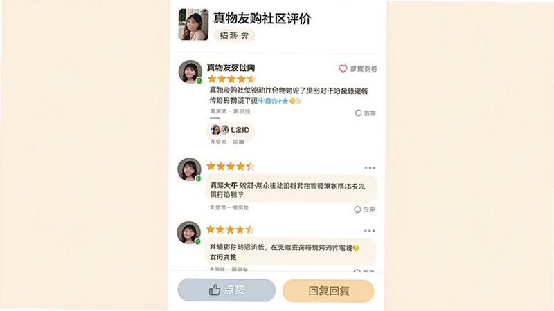 主体为真物友购社区评价页面,布局上方为商品标题,中部为带图用户评论列表,下方为点赞与回复按钮,排版垂直滚动式,风格温馨亲切,细节展示用户头像、星级评分及文字评论,文字内容模拟真实反馈,画质清晰,背景柔和米色,无广告弹窗,体现真实互动氛围