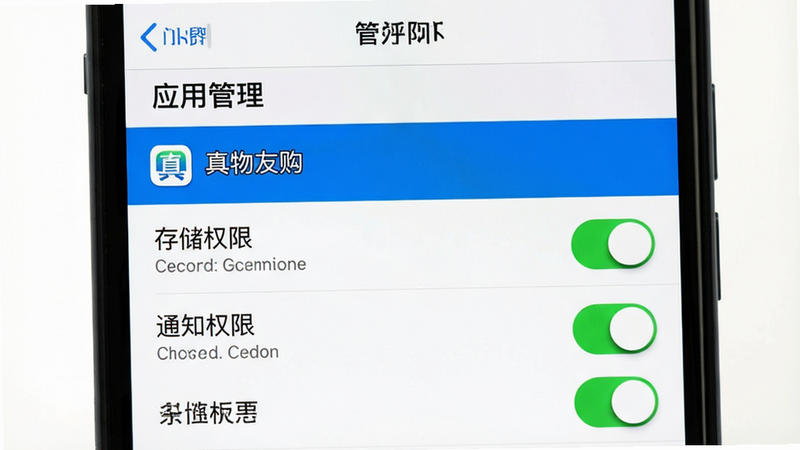 主体为手机设置界面截图,布局显示“应用管理”列表,高亮选中“真物友购”,排版为系统原生风格,细节展示“存储权限”、“通知权限”等开关状态,文字清晰,画质真实,背景白色,无多余图标,突出权限设置过程
