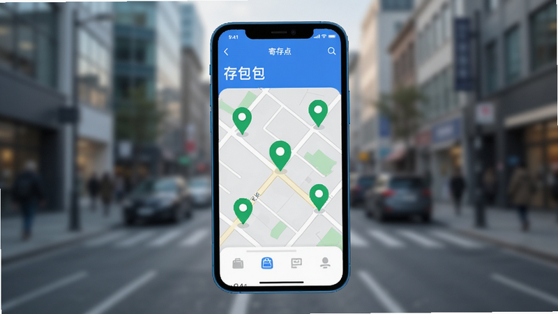 画面中心是一个蓝色的手机界面,显示“存包包”App首页,地图上标注着多个绿色的寄存点图标,背景是模糊的城市街道,整体风格简洁现代,高清,无多余元素
