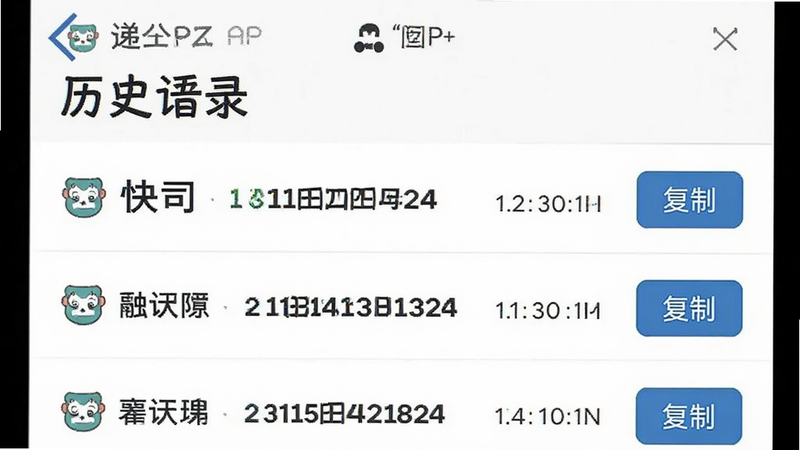 “快递查询王”APP的历史记录界面,列表显示多条查询记录,每条记录包含快递公司名称、单号后四位及查询时间,右侧有“复制”按钮,界面整洁,行间距适中,背景为白色,文字黑色,强调“历史记录”功能,清晰易读