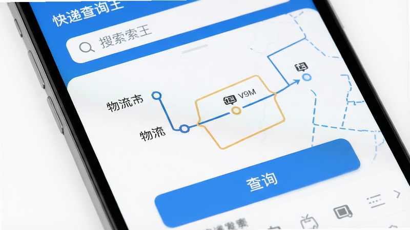 高清手机屏幕特写,显示“快递查询王”APP界面,背景为简洁的白色,屏幕中央显示物流轨迹时间轴,顶部有搜索框,底部有“查询”按钮,整体风格现代简约,扁平化设计,色彩以蓝白为主,画质清晰,无多余元素