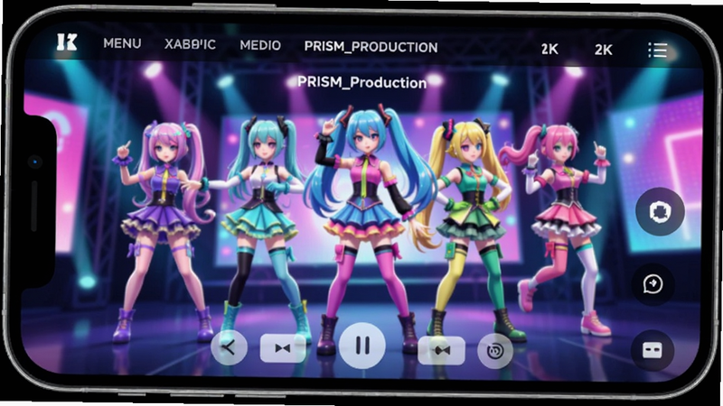 主体为手机屏幕特写,显示 PRISM_Production 的主界面,界面中央是五个色彩鲜艳的虚拟偶像角色正在跳舞,背景是霓虹灯闪烁的舞台,布局清晰,顶部有菜单栏,底部有操作按钮,排版现代化,风格为日系二次元动漫风,细节丰富,画质高清 4k,干净无多余元素,文字包含