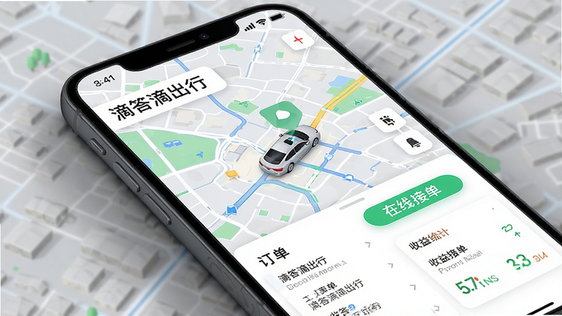 主体为滴答滴出行APP界面,布局清晰,包含顶部状态栏、中部实时地图与车辆位置、底部订单列表与收益统计模块,风格现代简约,细节丰富,画质高清,干净无多余元素,文字包括