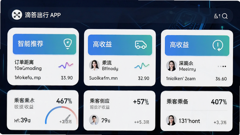 主体为滴答滴出行APP内的订单推荐界面,布局为卡片式列表,排版整齐,风格科技感,细节显示订单距离、预计收益、乘客信息,画质清晰,干净,文字包括