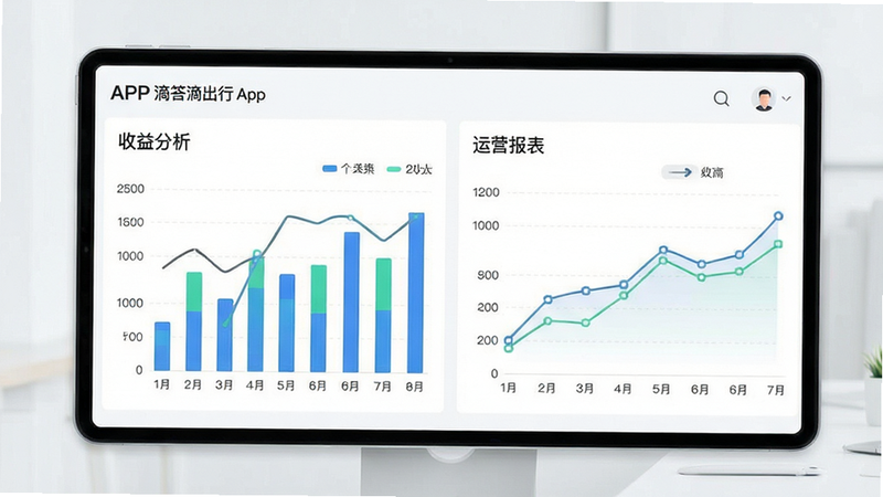主体为滴答滴出行APP的数据统计界面,布局为图表展示,包含柱状图与折线图,排版专业,风格商务简约,细节清晰,画质高清,干净,文字包括