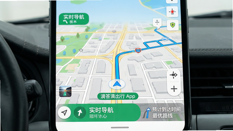 主体为滴答滴出行APP的导航界面,布局为全屏地图,底部有路线指引与预计到达时间,风格简洁实用,细节丰富,画质高清,干净,文字包括
