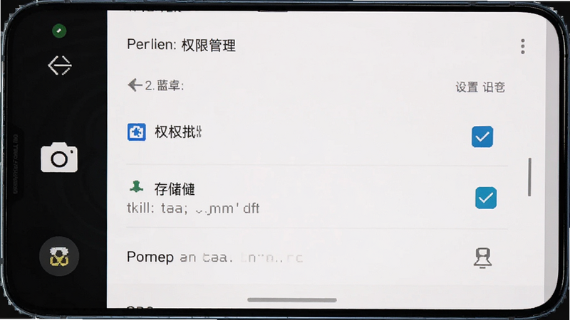 美妆修图美颜神器软件 安卓版 设置界面 权限管理 截图,展示相机和存储权限勾选状态,背景为手机系统设置页,风格简洁,文字清晰,画质高,无多余图标