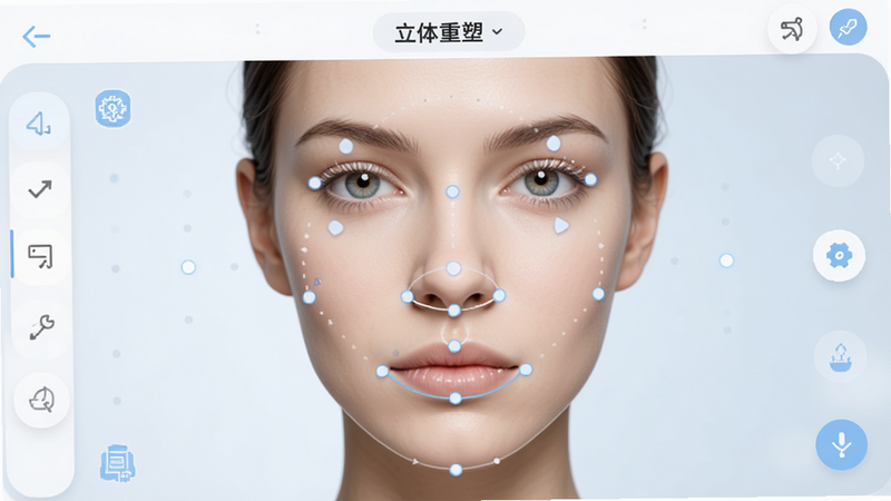 美妆修图美颜神器软件的五官调节界面,显示一个女性面部模型,周围有多个控制点标记眼睛、鼻子、下巴位置,界面简洁,配色为白色与淡蓝色,强调“立体重塑”概念,布局清晰,画质细腻,无杂项