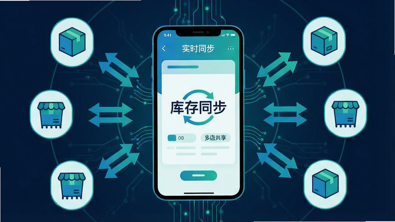 一张展示库存同步流程的概念图,主体为一个手机屏幕显示“库存同步”界面,周围环绕着商品图标和双向箭头,布局呈现中心辐射状,排版紧凑有序。风格为科技感插画,使用蓝绿色调,细节处有数据流线条装饰,文字标签“实时同步”、“多店共享”清晰标注,画质高清,干净无多余元素
