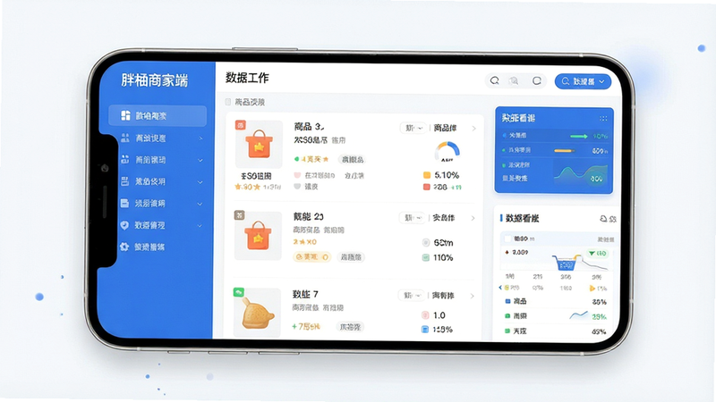 一张高清手机应用界面展示图,主体为“胖柚商家端”APP的操作界面,布局清晰,左侧为侧边栏菜单,右侧为主工作区,显示商品列表和数据看板。风格为现代扁平化设计,蓝色为主色调,搭配白色背景,细节处有柔和的阴影效果,文字清晰可见,画质高清,干净无多余元素