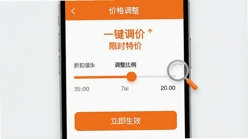 一张手机应用界面特写,主体为“价格调整”设置页面,显示一个滑动条用于调整折扣比例,下方有“立即生效”按钮。布局居中对称,排版简洁明快。风格为极简商务风,使用橙色和白色搭配,细节处有放大镜图标象征精准控制,文字“一键调价”、“限时特价”醒目显示,画质高清,干净无多余元素