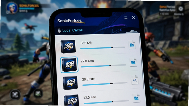 手机屏幕特写,显示SonicForces安装器的文件管理界面,列表清晰展示不同大小的资源包,背景为模糊的游戏场景,布局整齐,风格科技感,细节显示进度条和文件大小,画质高清,干净,文字“Local Cache”高亮显示
