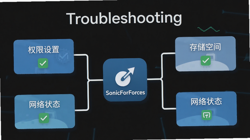 手机故障排查流程图,中心是SonicForces安装器图标,分支指向“权限设置”、“存储空间”、“网络状态”三个解决模块,布局清晰,风格扁平化,细节显示勾选标记,画质清晰,干净,文字“Troubleshooting”作为标题