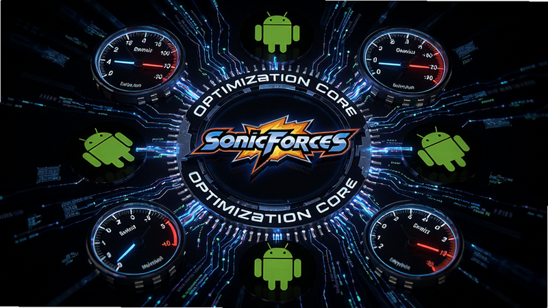 抽象的电路与数据流可视化图,中心是SonicForces安装器的Logo,周围环绕着安卓机器人图标和速度表,布局呈放射状,风格赛博朋克,细节显示数据流动的光效,画质极高,干净,文字“Optimization Core”嵌入设计中