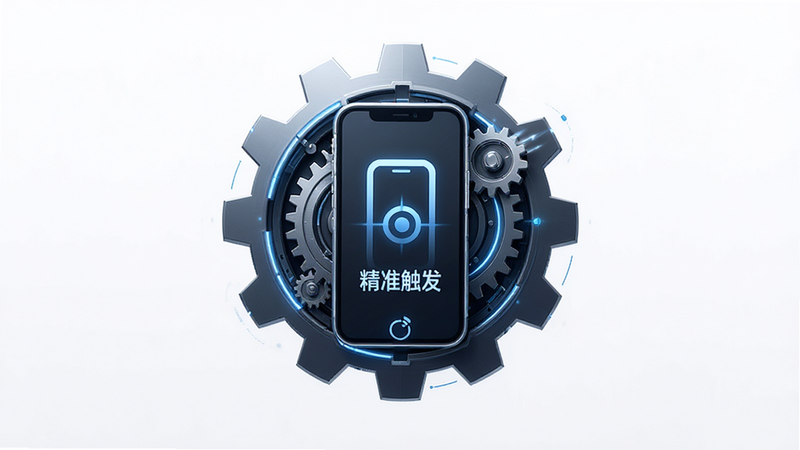 主体为抽象的时间齿轮与手机图标结合,布局中心对称,排版简约,风格科技感,细节展示齿轮咬合动作,文字显示“精准触发”,画质清晰,干净,无多余元素