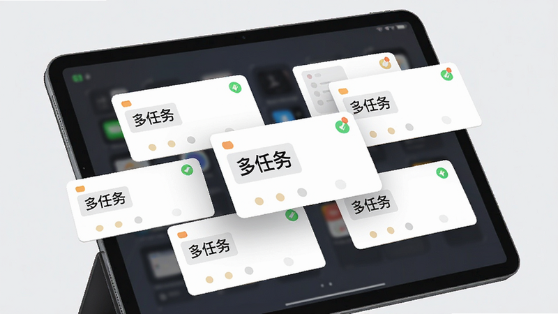 主体为多个任务卡片悬浮在平板屏幕上,布局错落有致,排版现代,风格扁平化,细节显示任务状态指示器,文字显示“多任务”,画质精细,干净,无多余元素